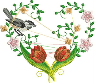 Modura floral com margaridas e pássaros Embroidery Design