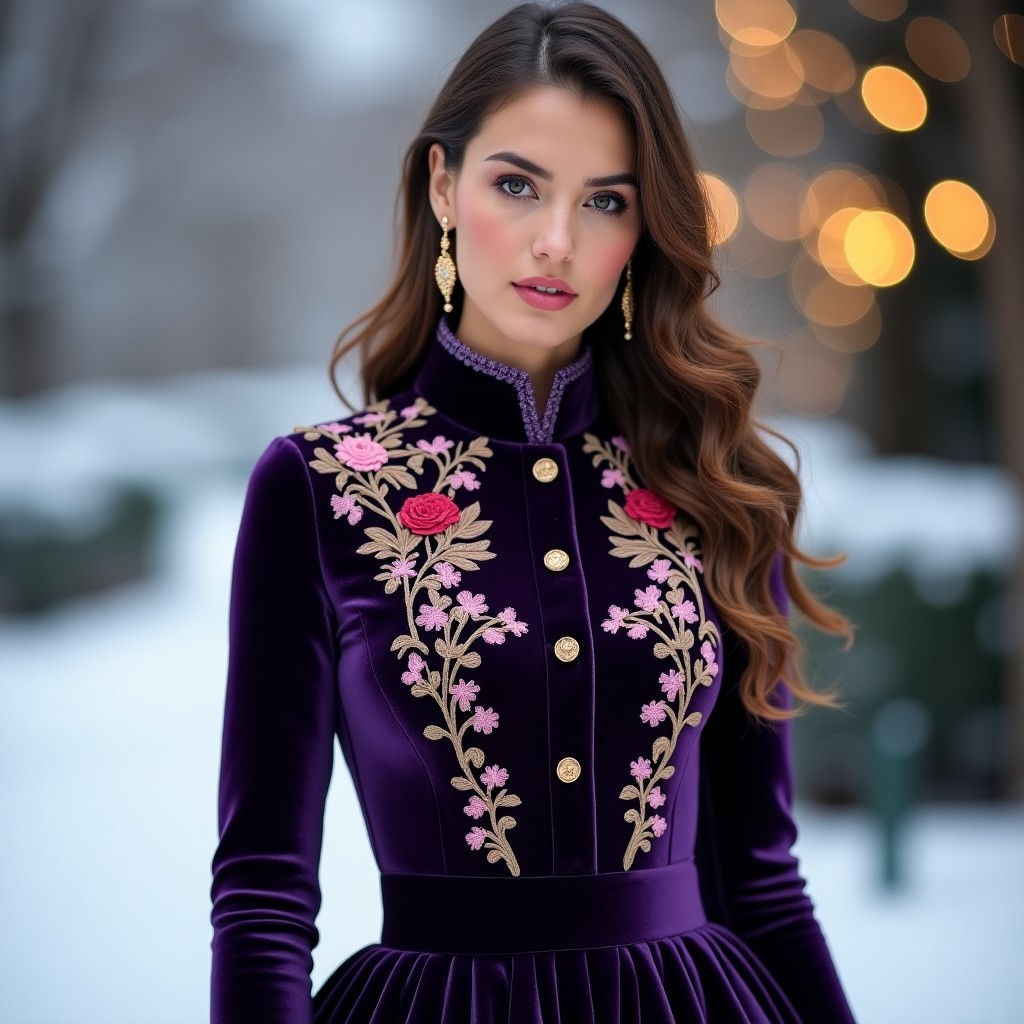 Royal Burgundy Velvet Dress with Luxury Floral Embroidery