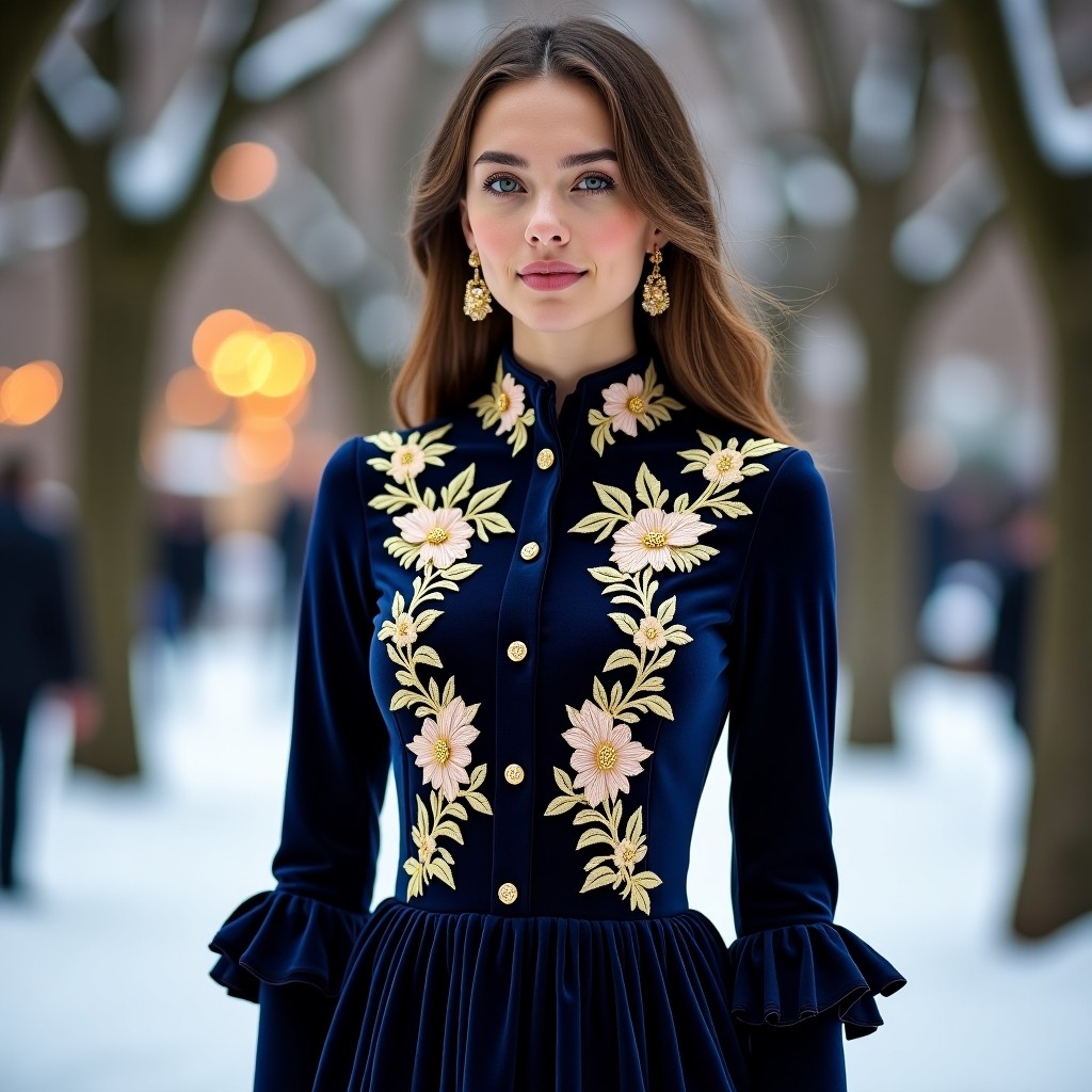 Elegant Winter Burgundy Velvet Embroidered Dress