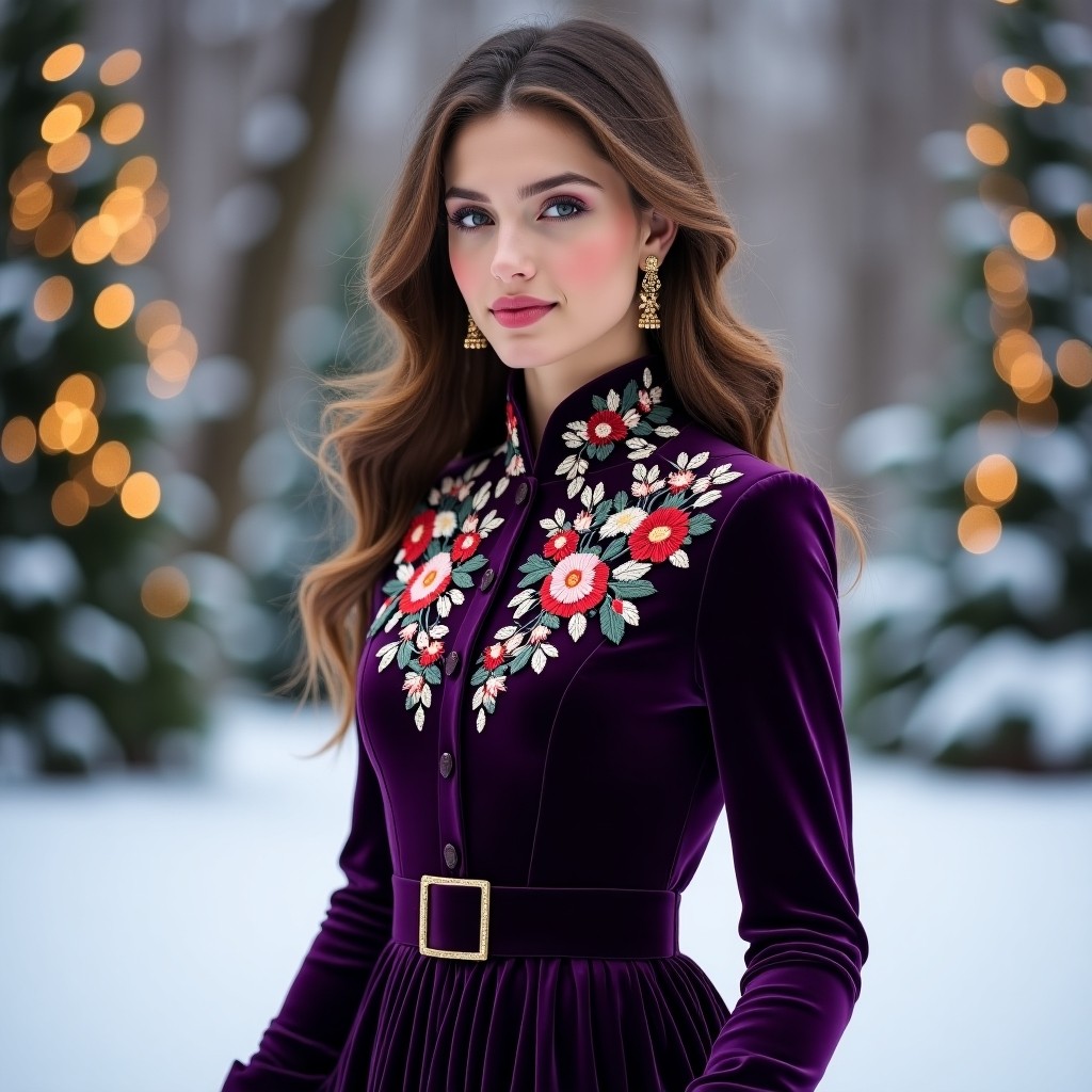 Luxury Scarlet Floral Embroidered Velvet Dress