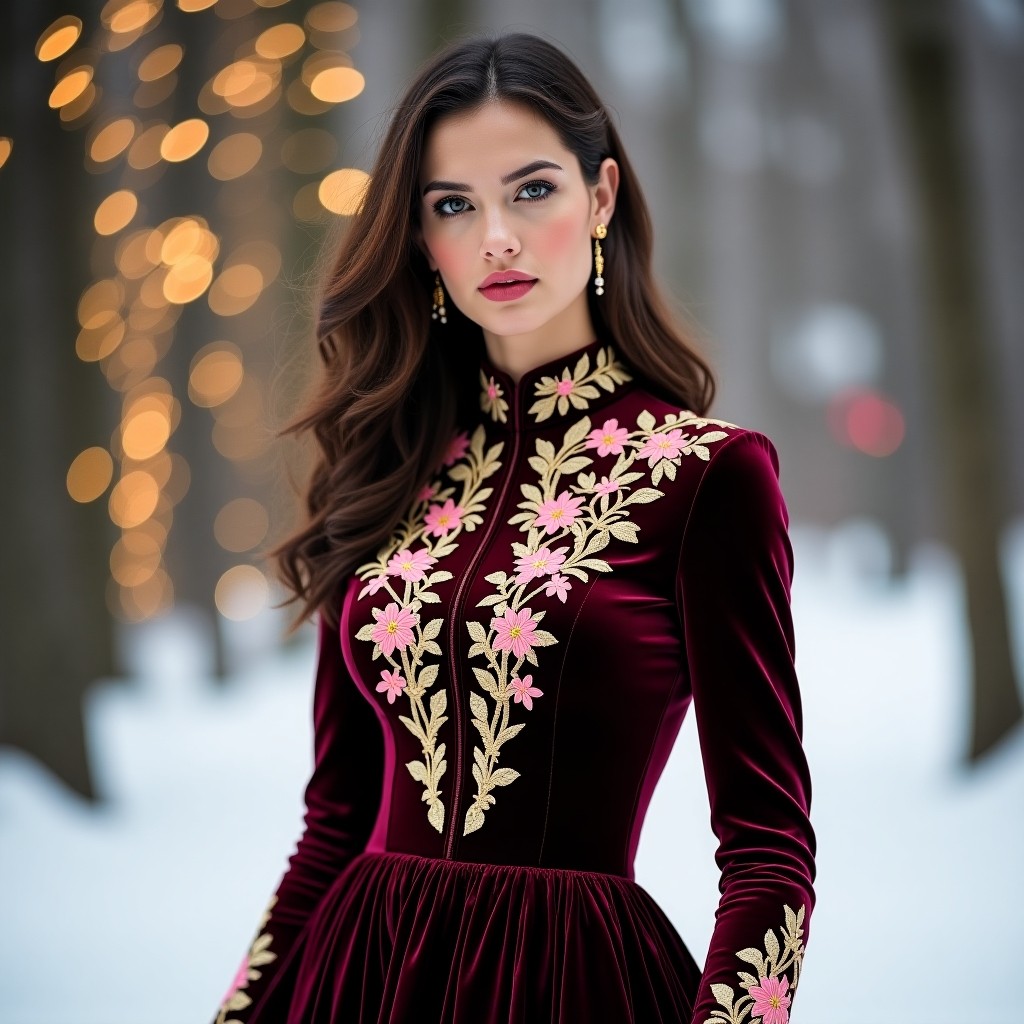 Luxury Burgundy Blossom Velvet Dress
