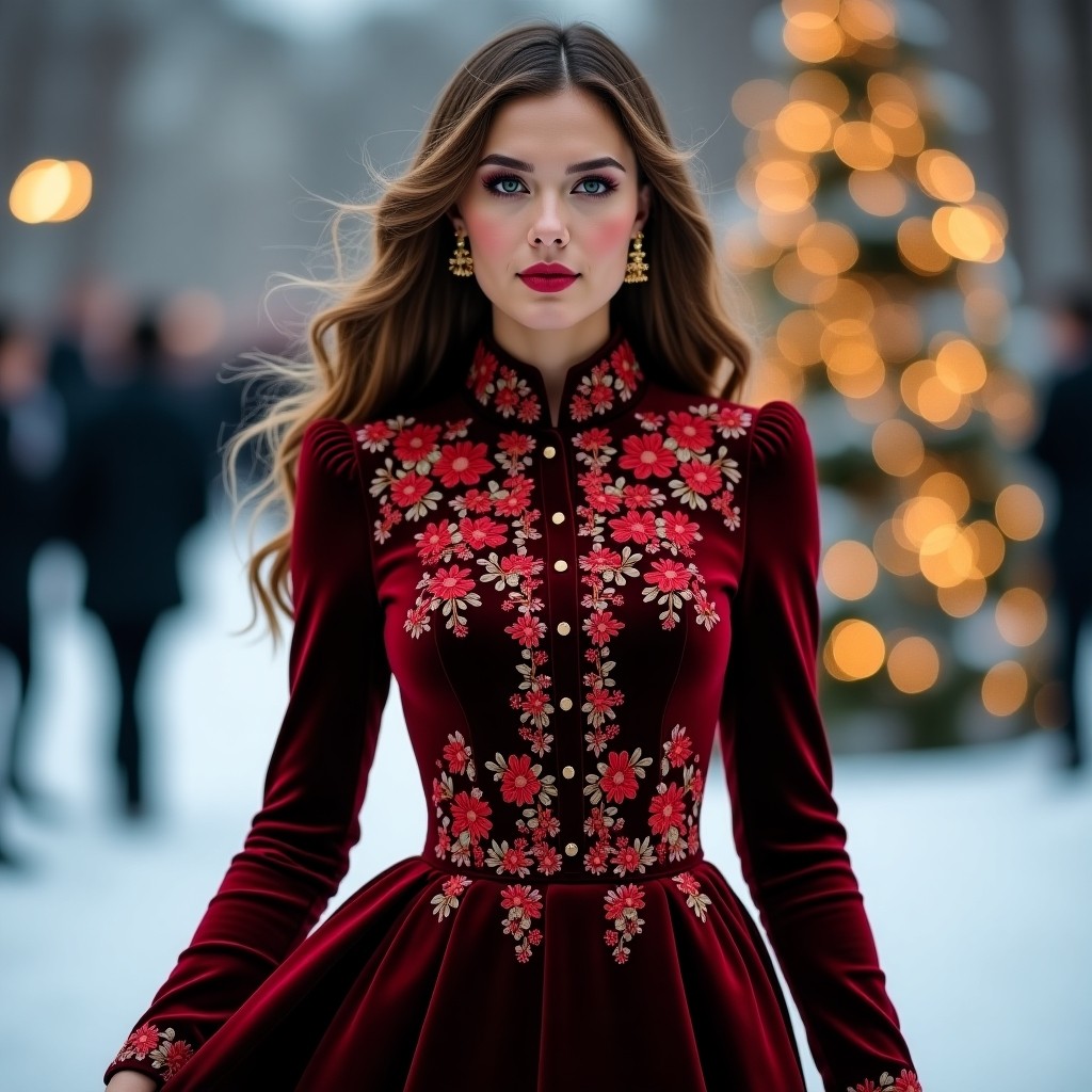 Grand Burgundy Floral Velvet Collection Dress