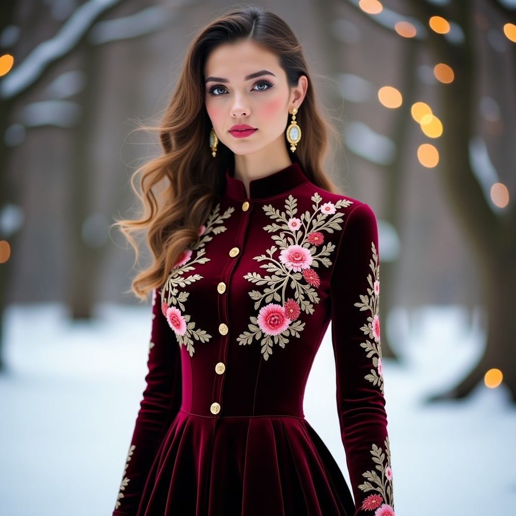 Elegant Burgundy Velvet Couture Embroidered Dress