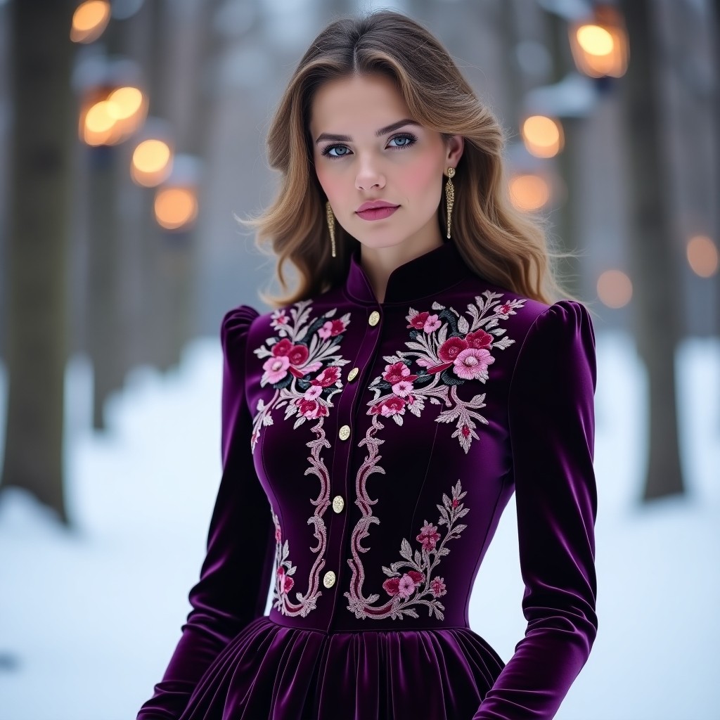 Regal Wine Velvet Embroidered Women's Dress