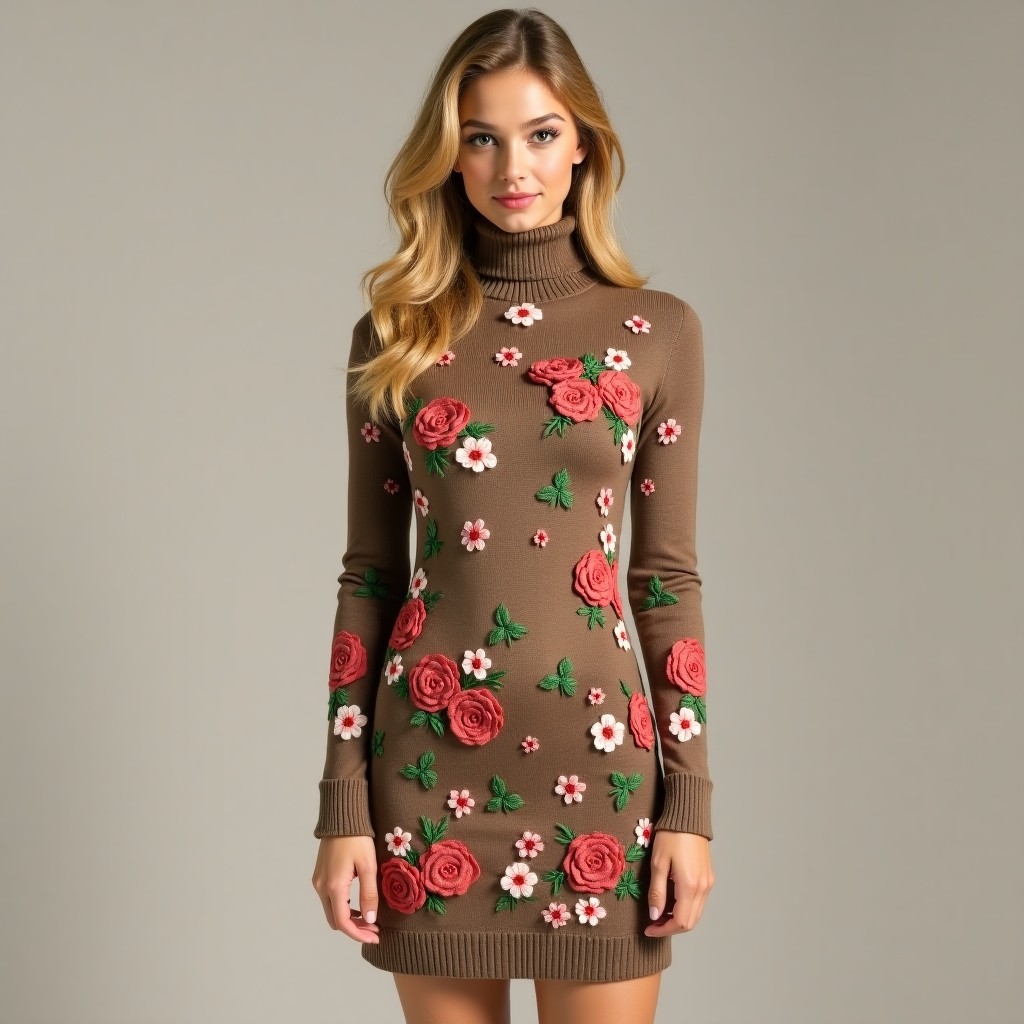 Luxury Blooming Rose Embroidered Sweater Dress