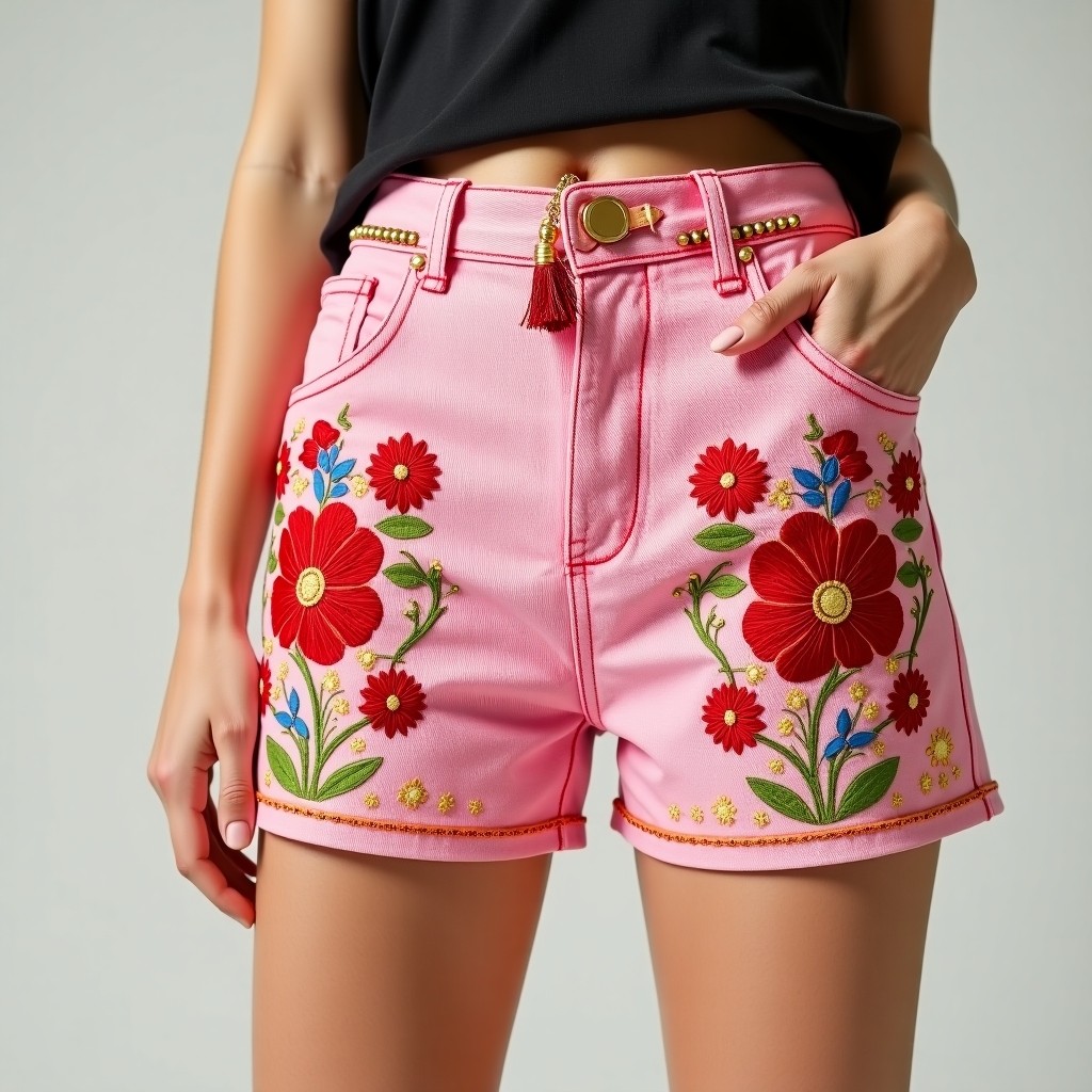Imperial Magnolia Bloom Embroidered Casual Shorts