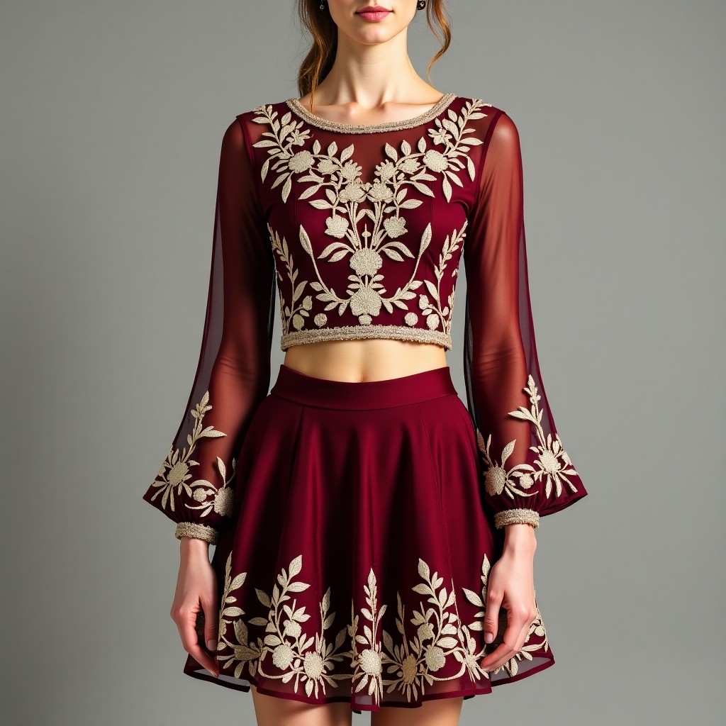 Diamond Royal Couture Floral Embroidered Luxury Skirt & Crop Top Set