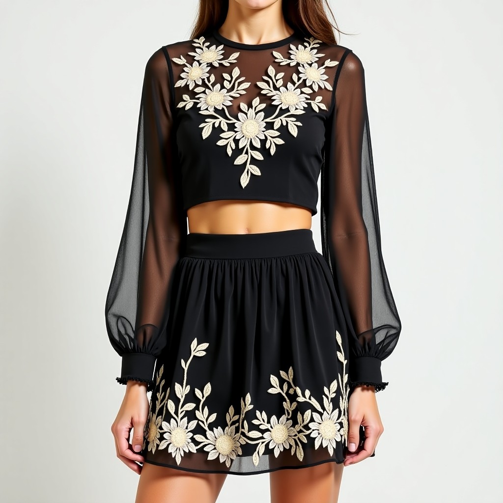 Royal Moonlight Floral Embroidered Designer Skirt & Crop Top Set
