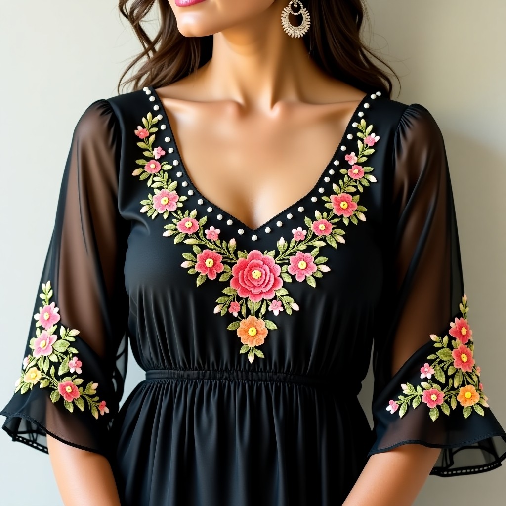 Elegant Rose Garden Neckline Embroidery
