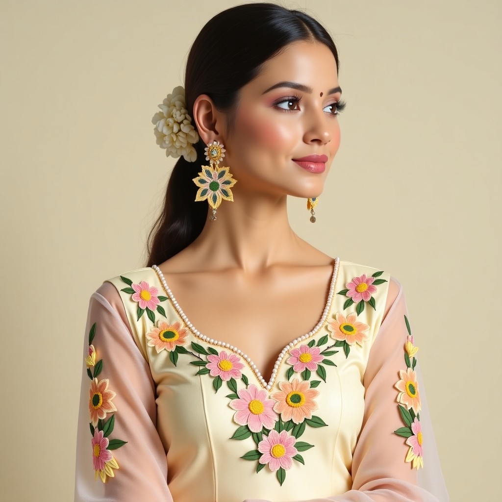Graceful Blossom Arc Neckline Embroidery
