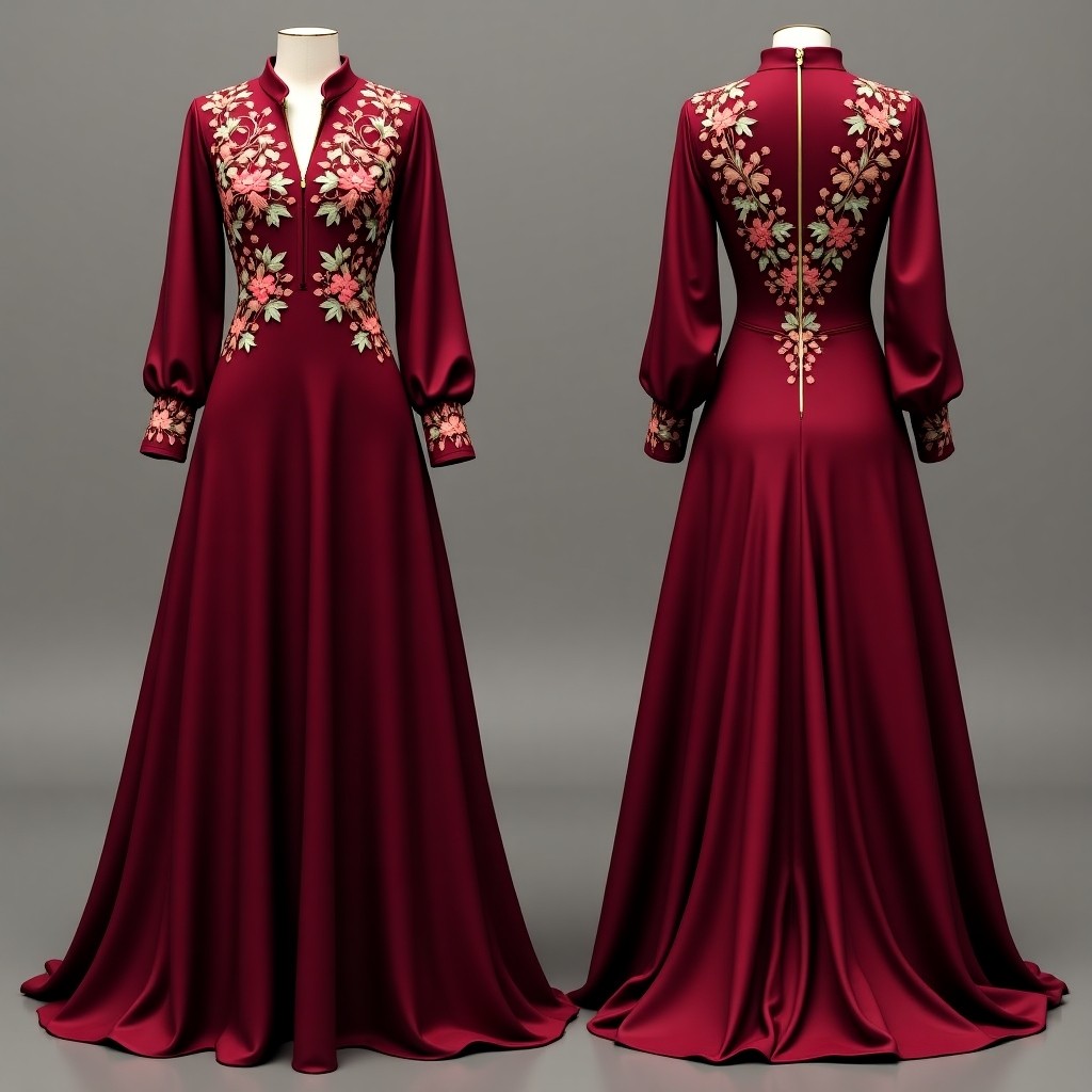 Elegant Maroon Embroidered Maxi Abaya Dress