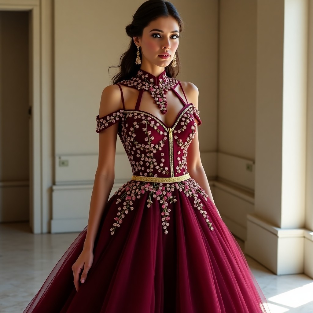 Burgundy Embroidered Formal Maxi Gown