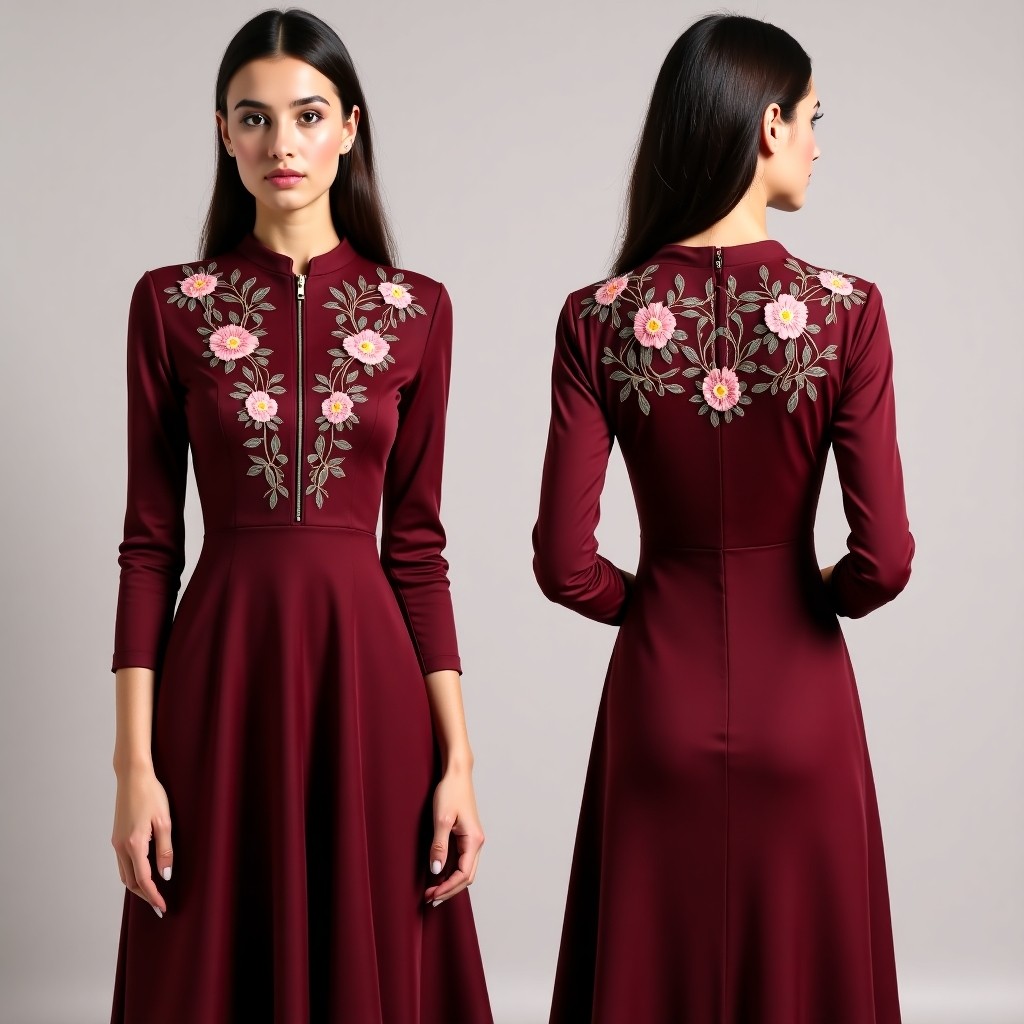 Burgundy Gold Floral Embroidered Gown