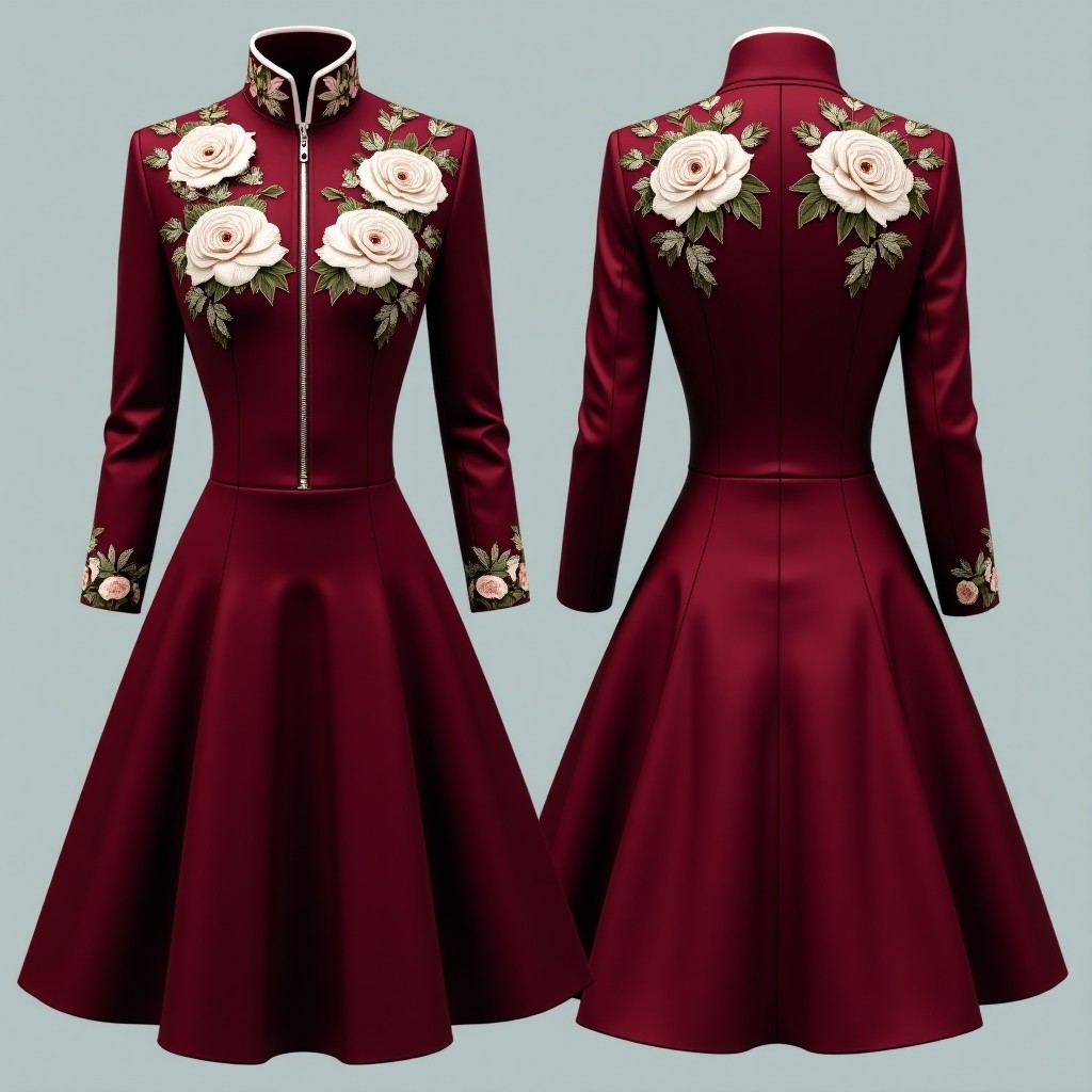 Floral Embroidered Burgundy Abaya Dress