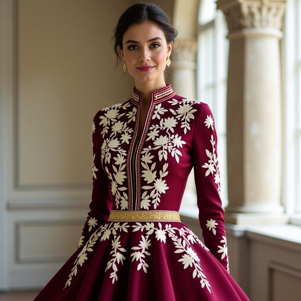 Grand Maroon Floral Embroidered Abaya Maxi