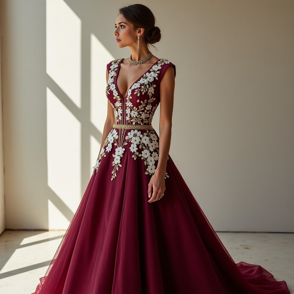 Maroon Royal Floral Abaya Maxi Gown