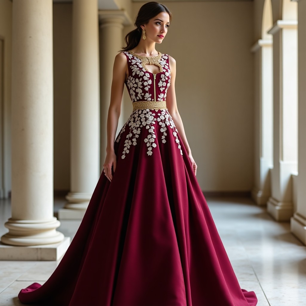 Maroon Floral Luxury Abaya Maxi Dress