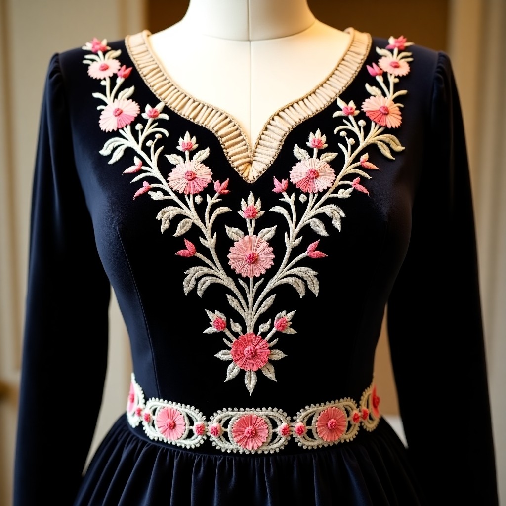 Regal Daisy Embroidered Neckline Dress