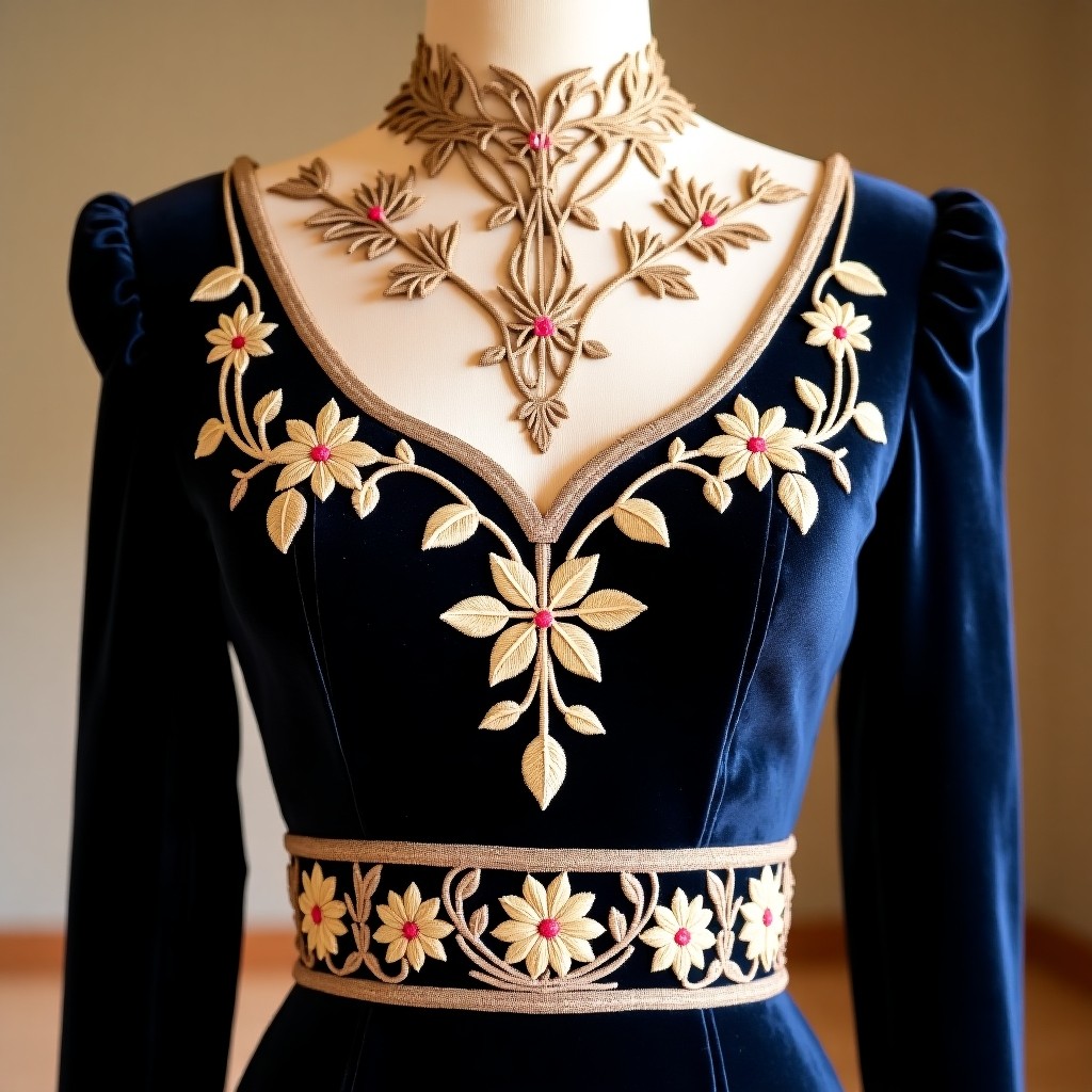 Golden Vine Court Neck Embroidered Dress