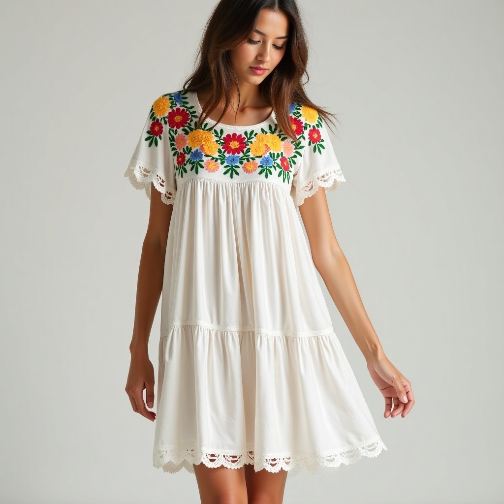 Vibrant Summer Bloom floral neckline embroidery design on white dress - colorful machine embroidery for dresses