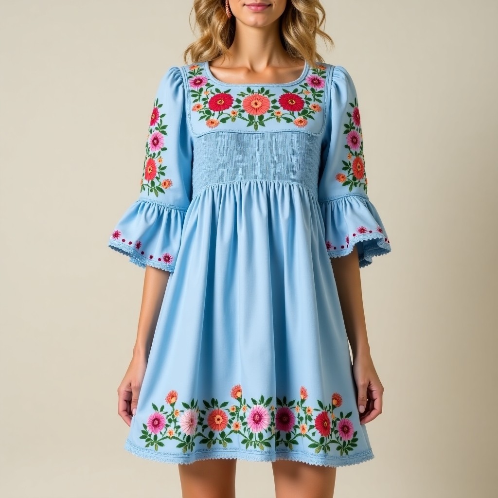 Light blue dress with pink and orange floral square neckline embroidery design - colorful sleeve and hem border embroidery