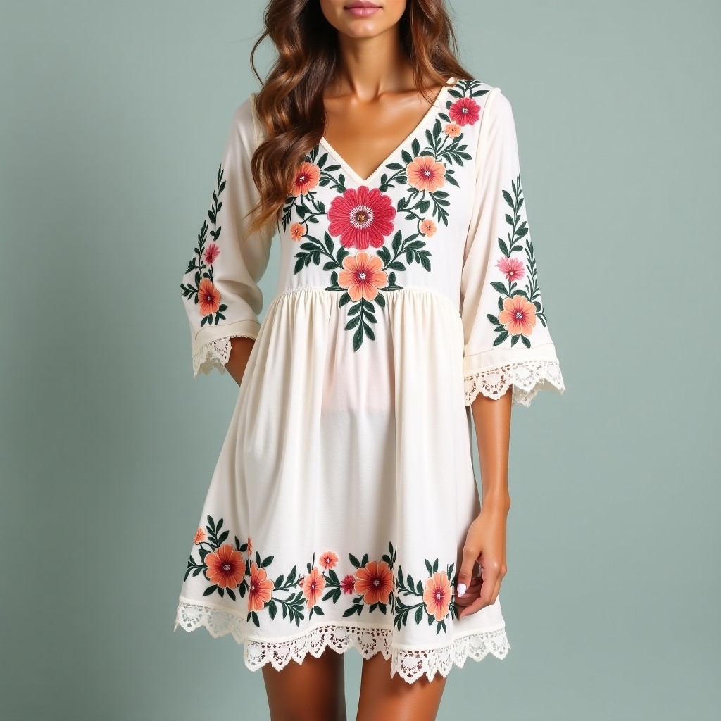 Bohemian Embroidered V-Neck Floral Dress