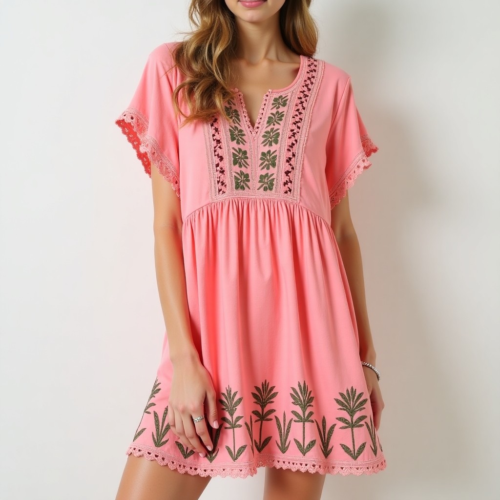 Bohemian Floral Embroidered Drawstring Dress