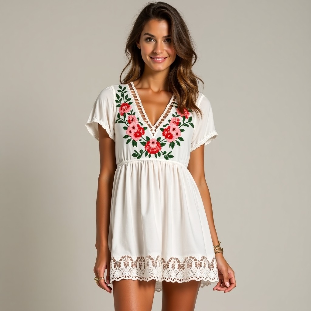 Bohemian Embroidered Floral Hem Dress