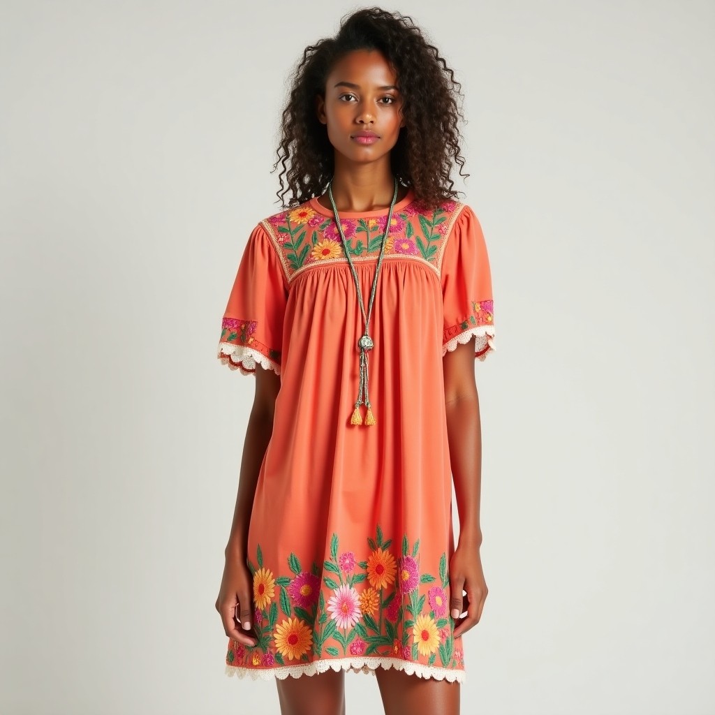 Boho Nature Motif Embroidered Maxi Dress