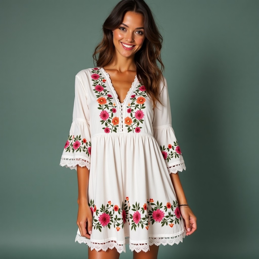 Boho Meadow Vine Embroidered Flowy Dress