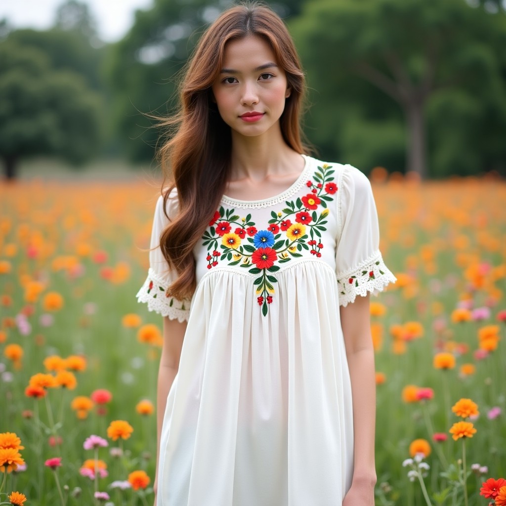 Boho Floral Vine Meadow Embroidered Maxi Dress